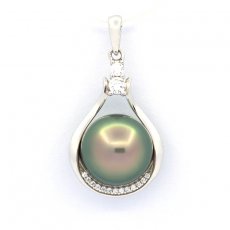 Rhodiated Sterling Silver Pendant and 1 Tahitian Pearl Semi-Baroque B 10.7 mm