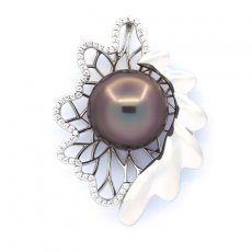 Rhodiated Sterling Silver Pendant and 1 Tahitian Pearl Semi-Baroque C 12.6 mm