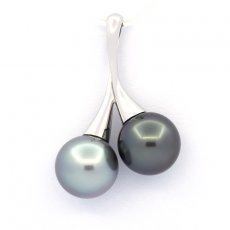 18K Solid White Gold Pendant and 2 Tahitian Pearls Round B 10.5 mm