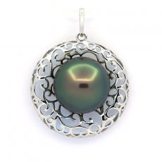 Rhodiated Sterling Silver Pendant and 1 Tahitian Pearl Round C 11.7 mm