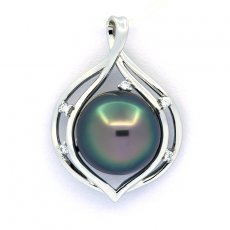 Rhodiated Sterling Silver Pendant and 1 Tahitian Pearl Near-Round B/C 13.1 mm