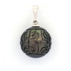 Rhodiated Sterling Silver Pendant and 1 EngravedTahitian Pearl 13.5 mm