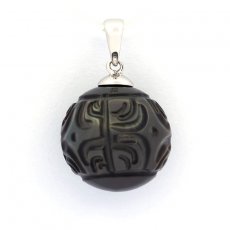 Rhodiated Sterling Silver Pendant and 1 EngravedTahitian Pearl 14 mm