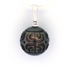18K Solid White Gold Pendant and 1 EngravedTahitian Pearl 12.1 mm