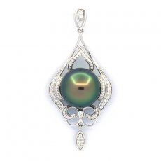 Rhodiated Sterling Silver Pendant and 1 Tahitian Pearl Round C 12.6 mm
