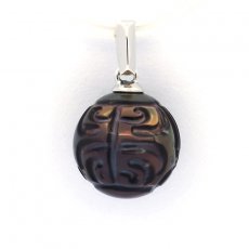 Rhodiated Sterling Silver Pendant and 1 EngravedTahitian Pearl 10.6 mm