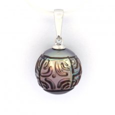 Rhodiated Sterling Silver Pendant and 1 EngravedTahitian Pearl 11.1 mm