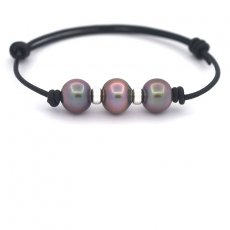 Leather Bracelet and 3 Tahitian Pearls Semi-Baroque B 10 mm
