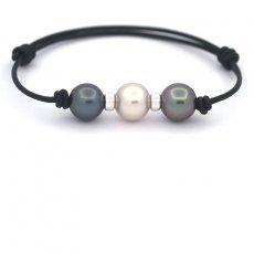 Leather Bracelet and 3 Tahitian Pearls Round C 10 mm