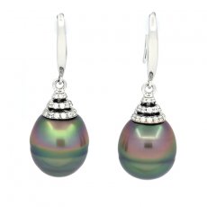Rhodiated Sterling Silver Earrings and 2 Tahitian Pearls Ringed B & C 11.2 mm