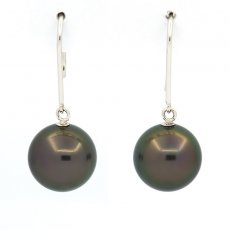 14K White Gold Earrings and 2 Tahitian Pearls Round B 9.8 mm