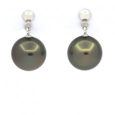 14K White Gold Earrings and 2 Tahitian Pearls Round A & B 9.2 mm