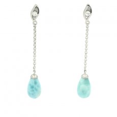 Rhodiated Sterling Silver Earrings and 2 Larimars - 10 x 6 mm - 1.1 gr