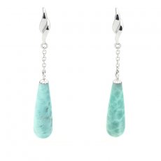 Rhodiated Sterling Silver Earrings and 2 Larimars - 22 x 7 mm - 3.9 gr