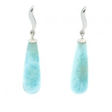 Rhodiated Sterling Silver Earrings and 2 Larimars - 22 x 7 mm - 3.8 gr