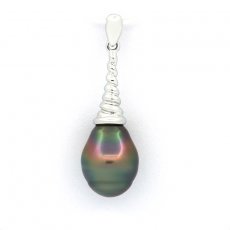 Rhodiated Sterling Silver Pendant and 1 Tahitian Pearl Ringed C 9.4 mm