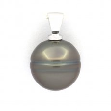 Rhodiated Sterling Silver Pendant and 1 Tahitian Pearl Ringed C 13.1 mm