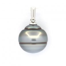 Rhodiated Sterling Silver Pendant and 1 Tahitian Pearl Ringed B/C 12.2 mm