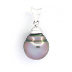 Rhodiated Sterling Silver Pendant and 1 Tahitian Pearl Ringed C 10.1 mm