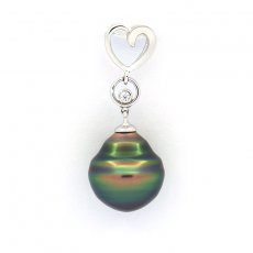 Rhodiated Sterling Silver Pendant and 1 Tahitian Pearl Ringed C 11.1 mm
