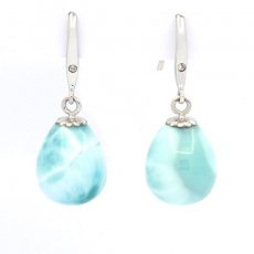 Rhodiated Sterling Silver Earrings and 2 Larimars - 12 x 10 mm - 2.2 gr