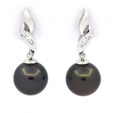 Rhodiated Sterling Silver Earrings and 2 Tahitian Pearls Round C 9.2 mm