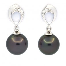 Rhodiated Sterling Silver Earrings and 2 Tahitian Pearls Round C 9.6 mm