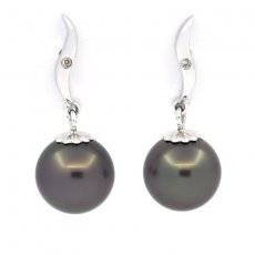 Rhodiated Sterling Silver Earrings and 2 Tahitian Pearls Round C 8.9 mm