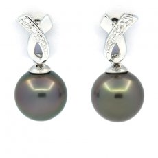 Rhodiated Sterling Silver Earrings and 2 Tahitian Pearls Round C 8.7 mm