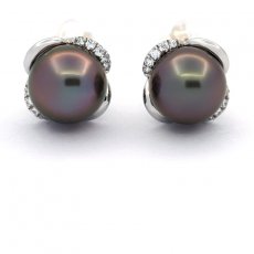 Rhodiated Sterling Silver Earrings and 2 Tahitian Pearls Round C 8.6 mm