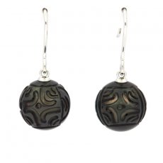 Rhodiated Sterling Silver Earrings and 2 Engraved Tahitian Pearls 11.9 mm