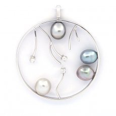 Rhodiated Sterling Silver Pendant and 4 Tahitian Keishi