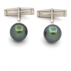 Rhodiated Sterling Silver Cufflinks and 2 Tahitian Pearls Round C+ 11 mm