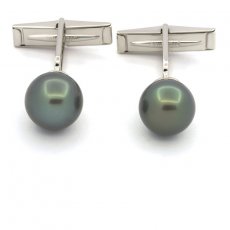 Rhodiated Sterling Silver Cufflinks and 2 Tahitian Pearls Round C 10.6 mm