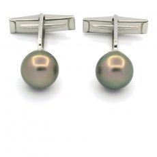 Rhodiated Sterling Silver Cufflinks and 2 Tahitian Pearls Round C 10.7 mm