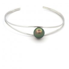 Rhodiated Sterling Silver Bracelet and 1 Tahitian Pearl Semi-Baroque C 9.8 mm