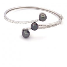 Rhodiated Sterling Silver Bracelet and 3 Tahitian Pearls Semi-Baroque B 8 mm