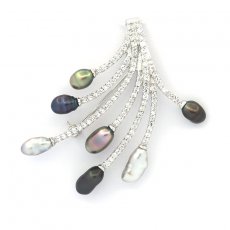Rhodiated Sterling Silver Pendant and Brooch with 7 Tahitian Keishis