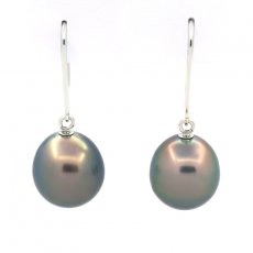 14K White Gold Earrings and 2 Tahitian Pearls Semi-Baroque B 9.4 mm