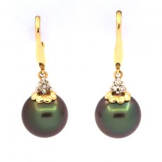 14K Solid Gold Earrings + 6 diamonds and 2 Tahitian Pearls Round B 9.5 mm