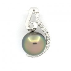 Rhodiated Sterling Silver Pendant and 1 Tahitian Pearl Round C 8.4 mm