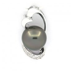 Rhodiated Sterling Silver Pendant and 1 Tahitian Pearl Round C 9.3 mm
