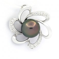 Rhodiated Sterling Silver Pendant and 1 Tahitian Pearl Round C 8.6 mm