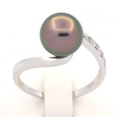 Rhodiated Sterling Silver Ring and 1 Tahitian Pearl Near-Round B 8.9 mm