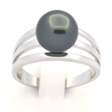 Rhodiated Sterling Silver Ring and 1 Tahitian Pearl Round B 9.5 mm