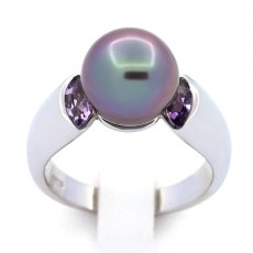 Rhodiated Sterling Silver Ring and 1 Tahitian Pearl Round B+ 9.8 mm