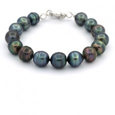 Bracelet with 14 Tahitian Pearls Ringed C 10.5 to 10.9 mm and Rhodiated Sterling Silver