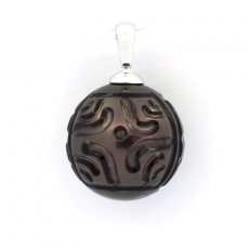 Rhodiated Sterling Silver Pendant and 1 EngravedTahitian Pearl 13 mm