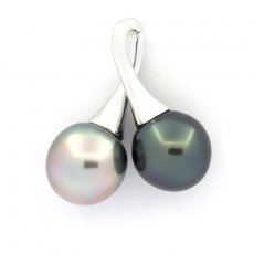 Rhodiated Sterling Silver Pendant and 2 Tahitian Pearls Semi-Baroque 1 B & 1 C 12 mm