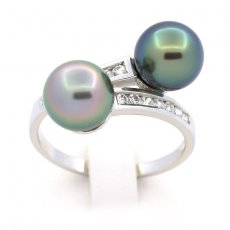 Rhodiated Sterling Silver Ring and 2 Tahitian Pearls Round C+ 8.5 mm